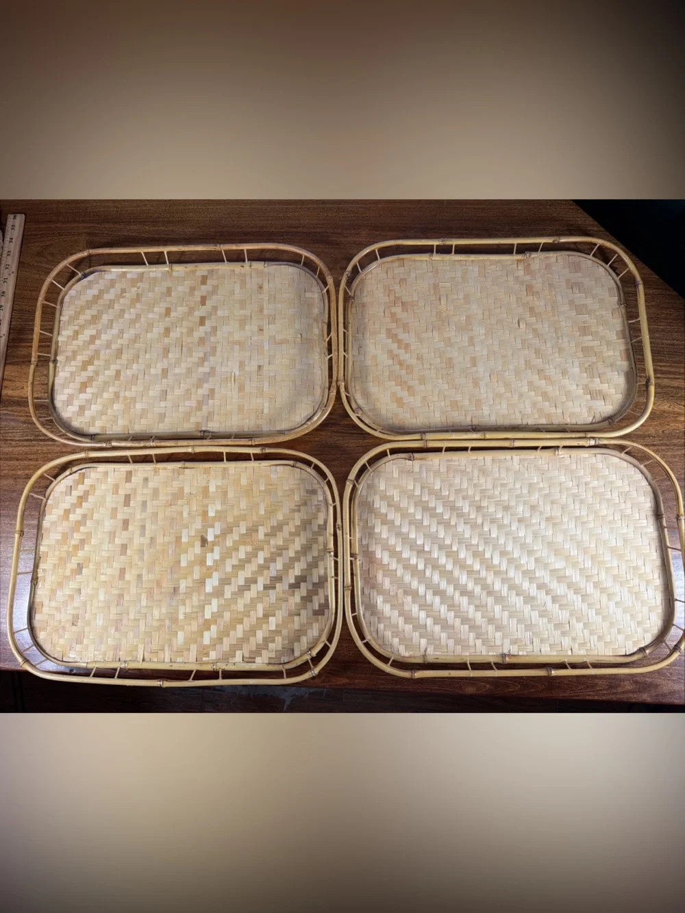 Vintage Natural Woven Bamboo Serving Trays - Set of 4